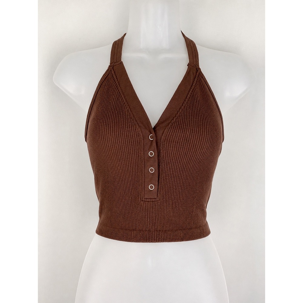 Ododos Medium Large Brown Ribbed Halter Tank Snap Front Fitted Casual